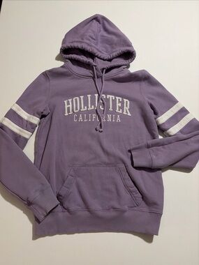 Hollister Women’s Lavender Hoodie with White Sleeve Stripes
